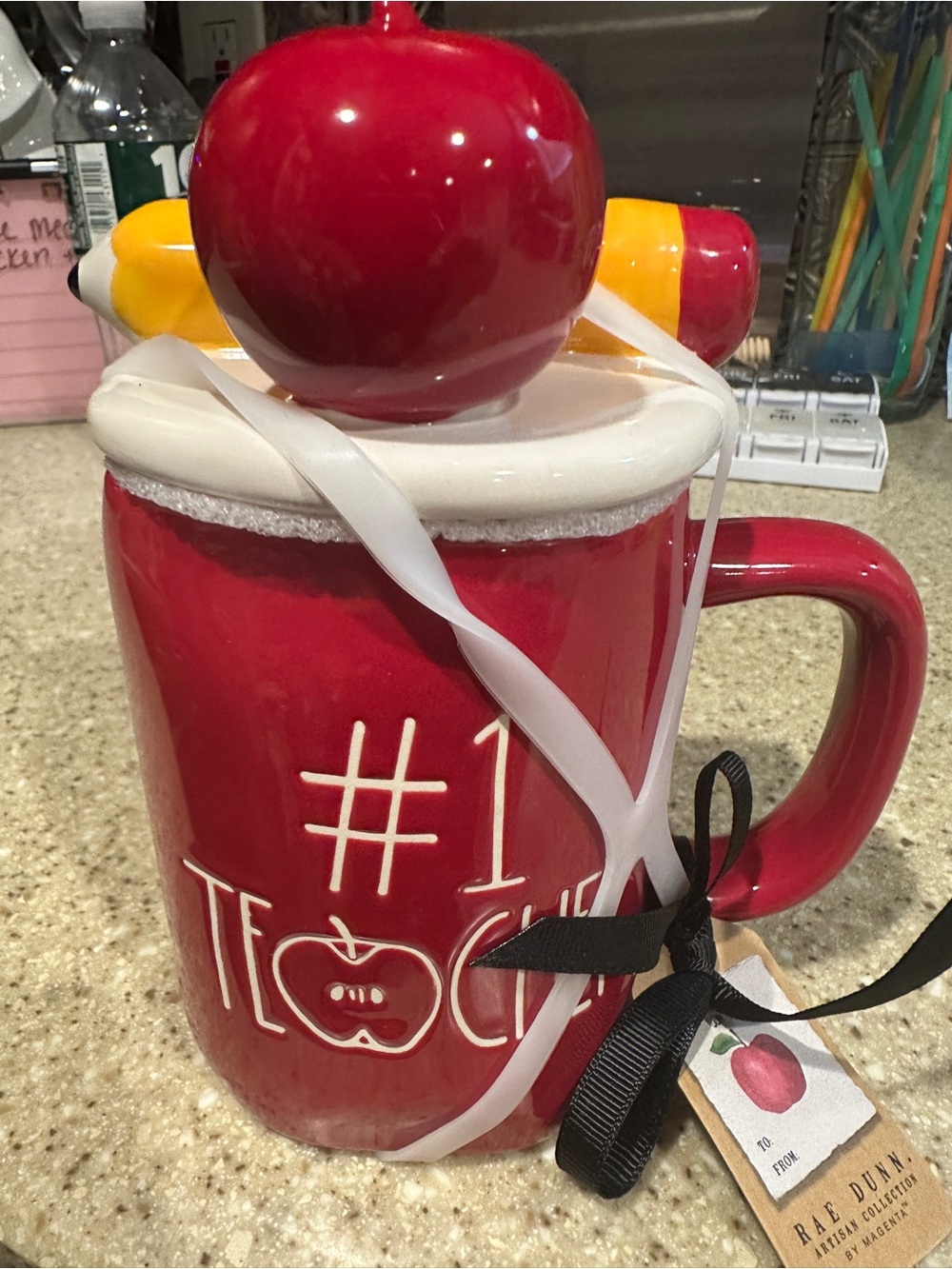 Rae Dunn Red #1 Teacher Ceramic Mug with Apple Lid